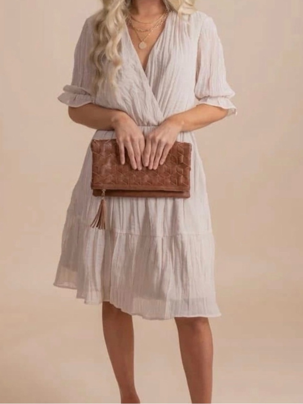 NWOT BELLA ELLA Soft Blush Ruffle-Sleeve Wrap Front Style Dress Med Fully lLned